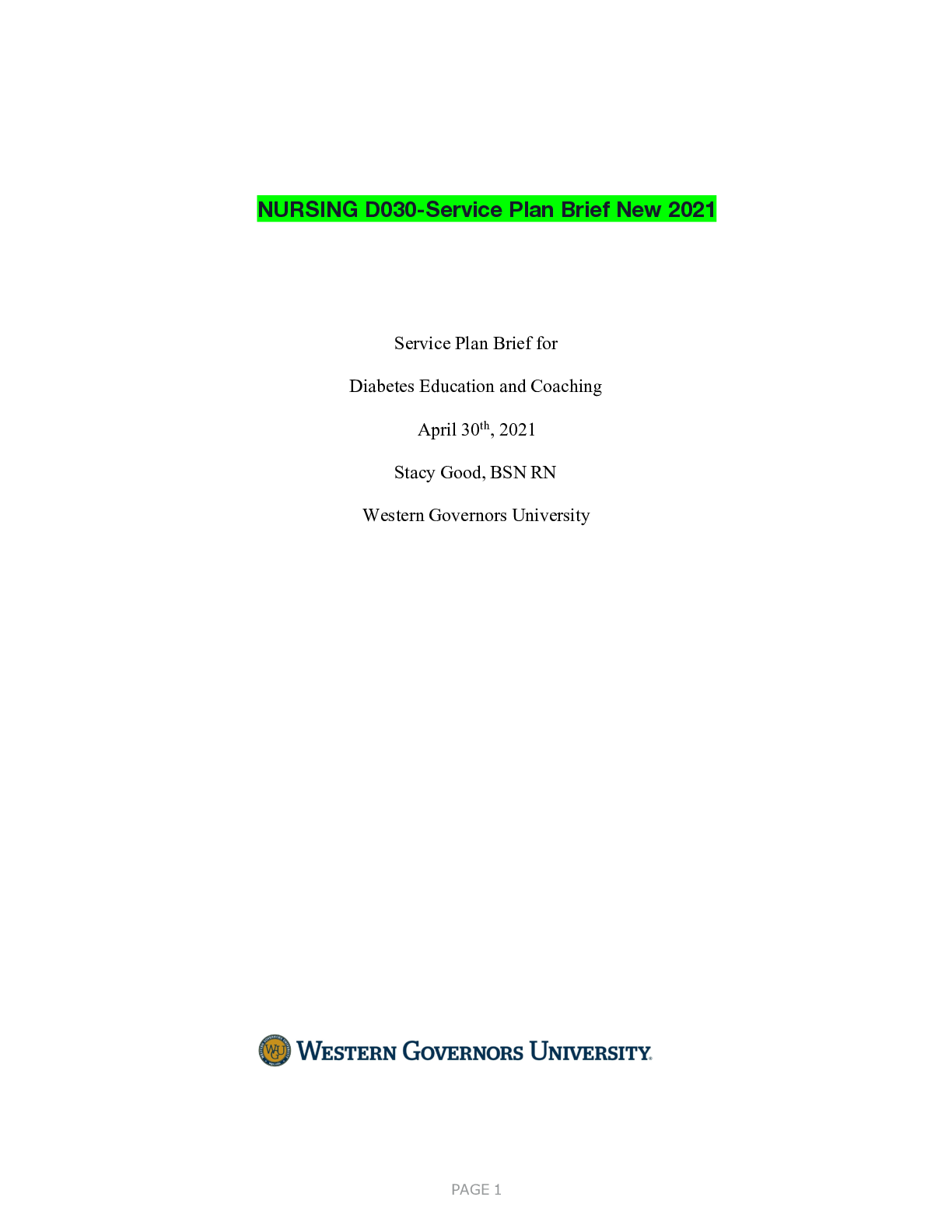 Preview of NURSING D030-Service Plan Brief New 2021